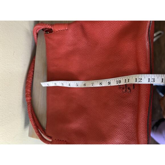 Tory Burch Leather Shoulder Bag Womens Red Braided Handle Hobo Pebbled Logo Zip - Picture 11 of 12